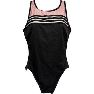 MIRACLESUIT One Piece Swimsuit High Neck Pink Black Striped Scoop Back Size 12